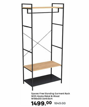 Spaceo_Free_Standing_Garment_Rack_With_Hooks_Metal_Wood